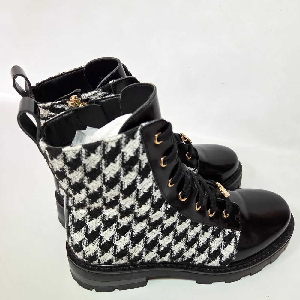 Karl Lagerfeld Paris Mela Everyday Patent Leather Houndstooth Combat Boot 7.5 - Picture 9 of 15